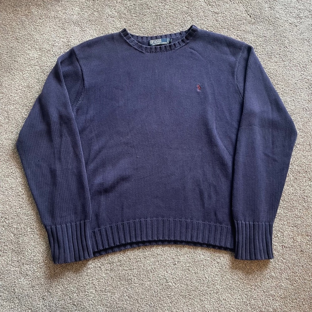 Mens Polo Ralph Lauren Ribbed Fisherman Sweater M Navy Knit Cotton Crewneck Pony